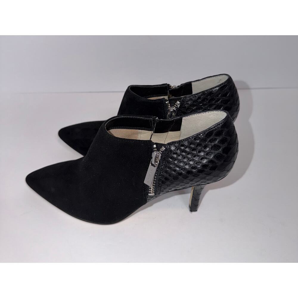 Michael Kors Black Suede Pointed Toe Ankle Booties Croc Leather Heels 6.5M - Picture 9 of 12